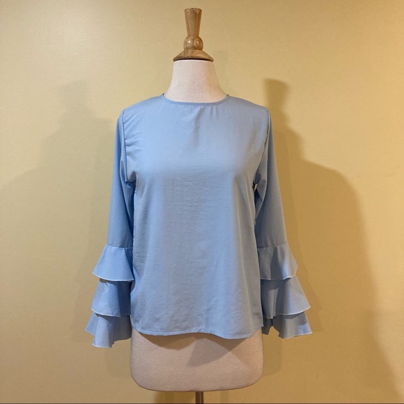 Layered Ruffled Long Sleeve Baby Blue Blouse - Picture 6 of 7